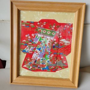 Framed Fabric Kimono Art ~  Hankie Folded Into Kimono ~Unique ~ Colorful ~